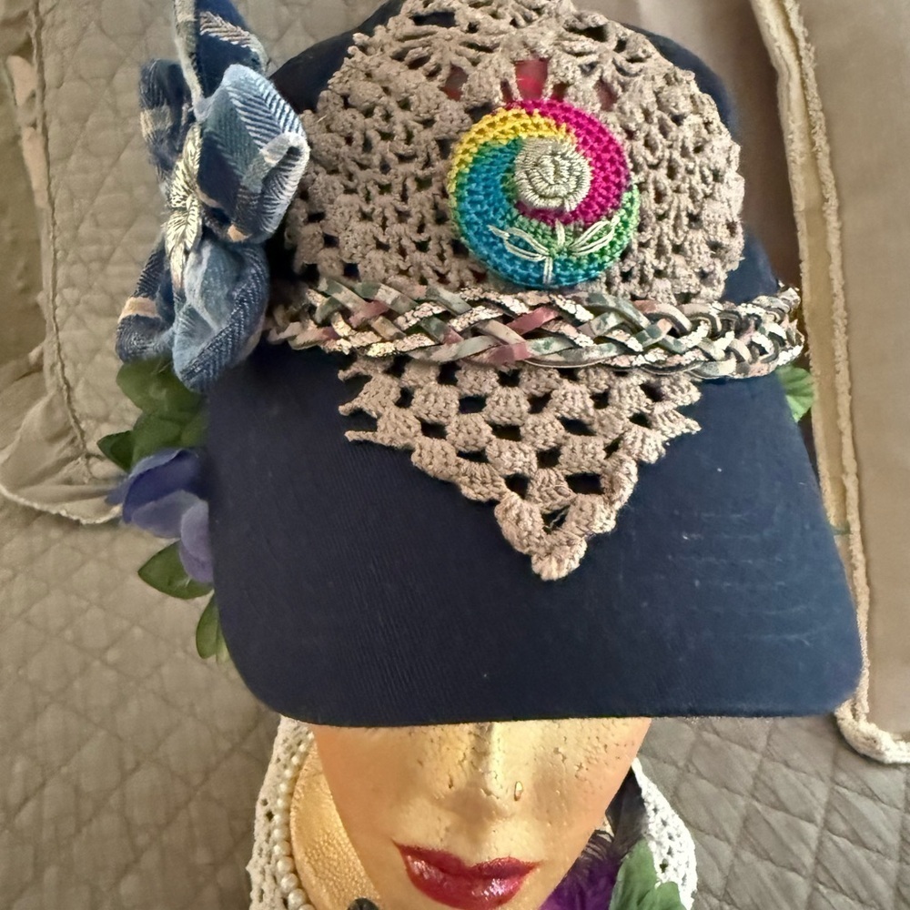 Hand crafted Hat Navy Blue Cotton Upcycled Crochet Patch OS